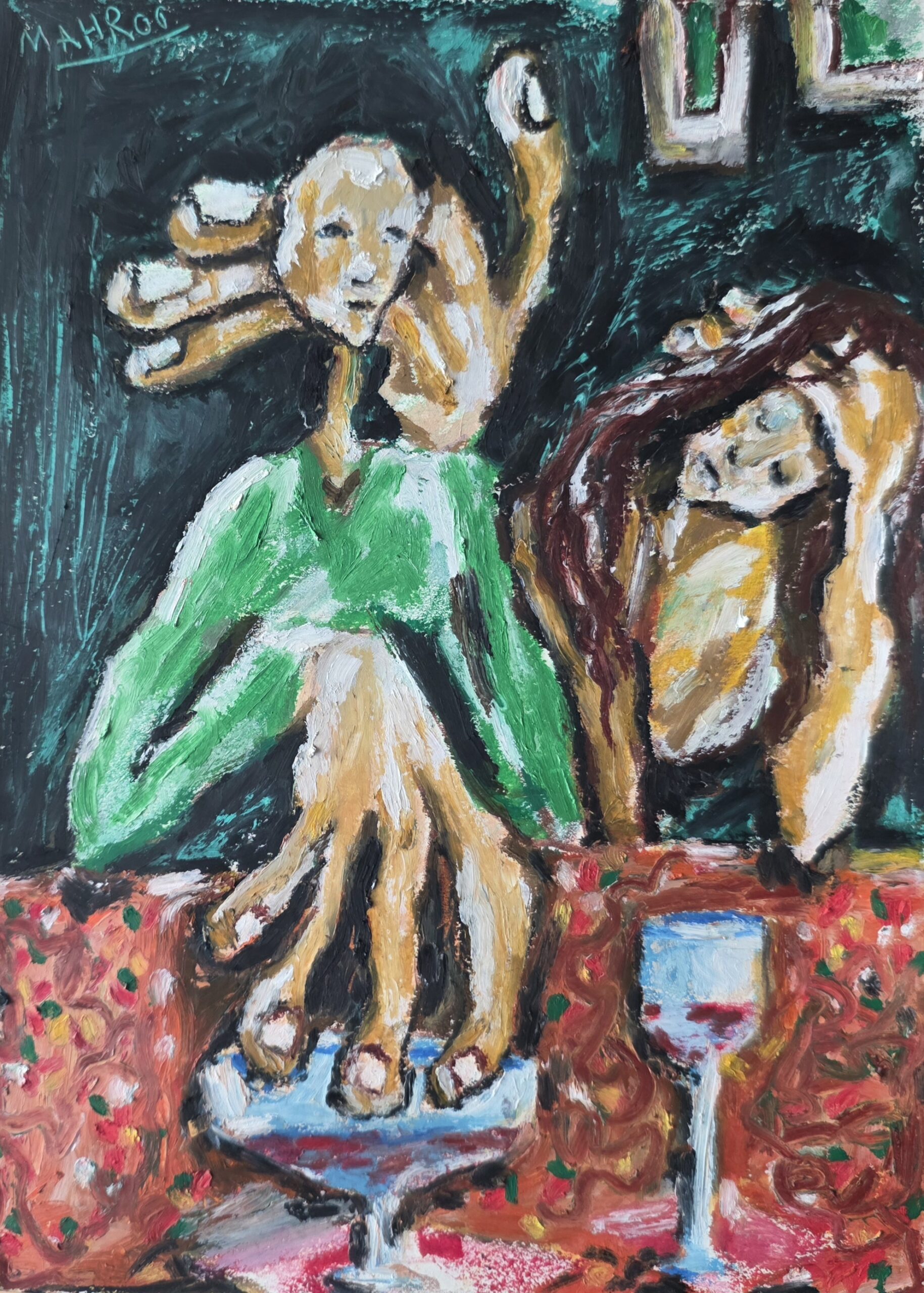 Table for two – 20×30, Oil pastel on paper